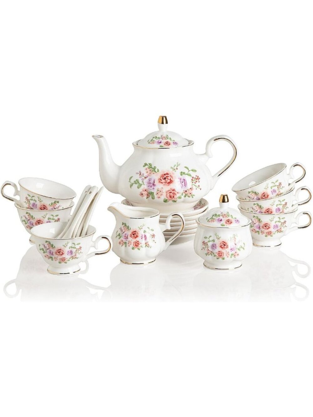 Vintage Floral Porcelain Tea Set, 22-Piece with Teapot, Cups, Saucers & Gold Rim